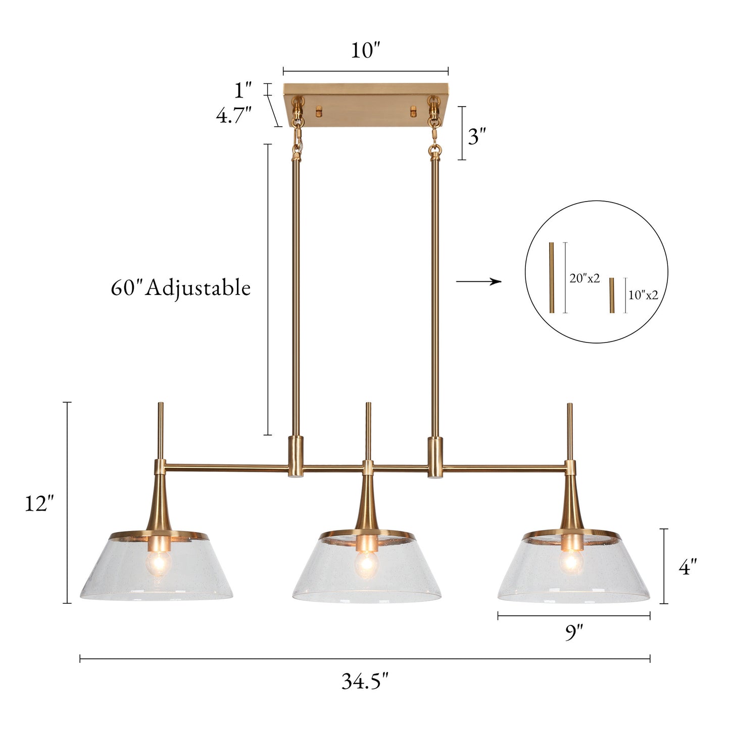 Modern Gold 3-Light Linear Island Lights with Clear Glass Shades