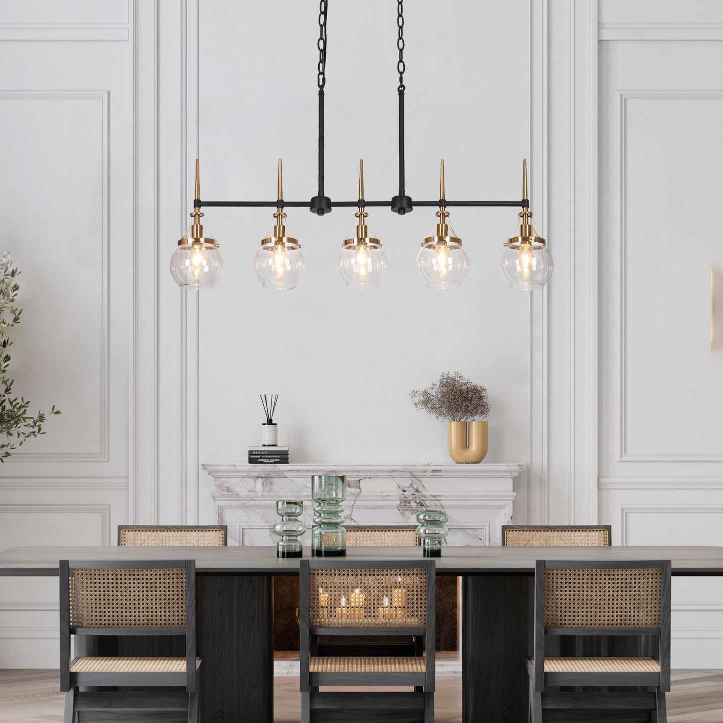 Modern 5-Light Island Lights with Gold Accents and Clear Glass Globes