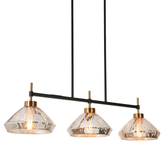 Modern 3-Light Gold Black Linear Chandelier with Textured Glass Shades