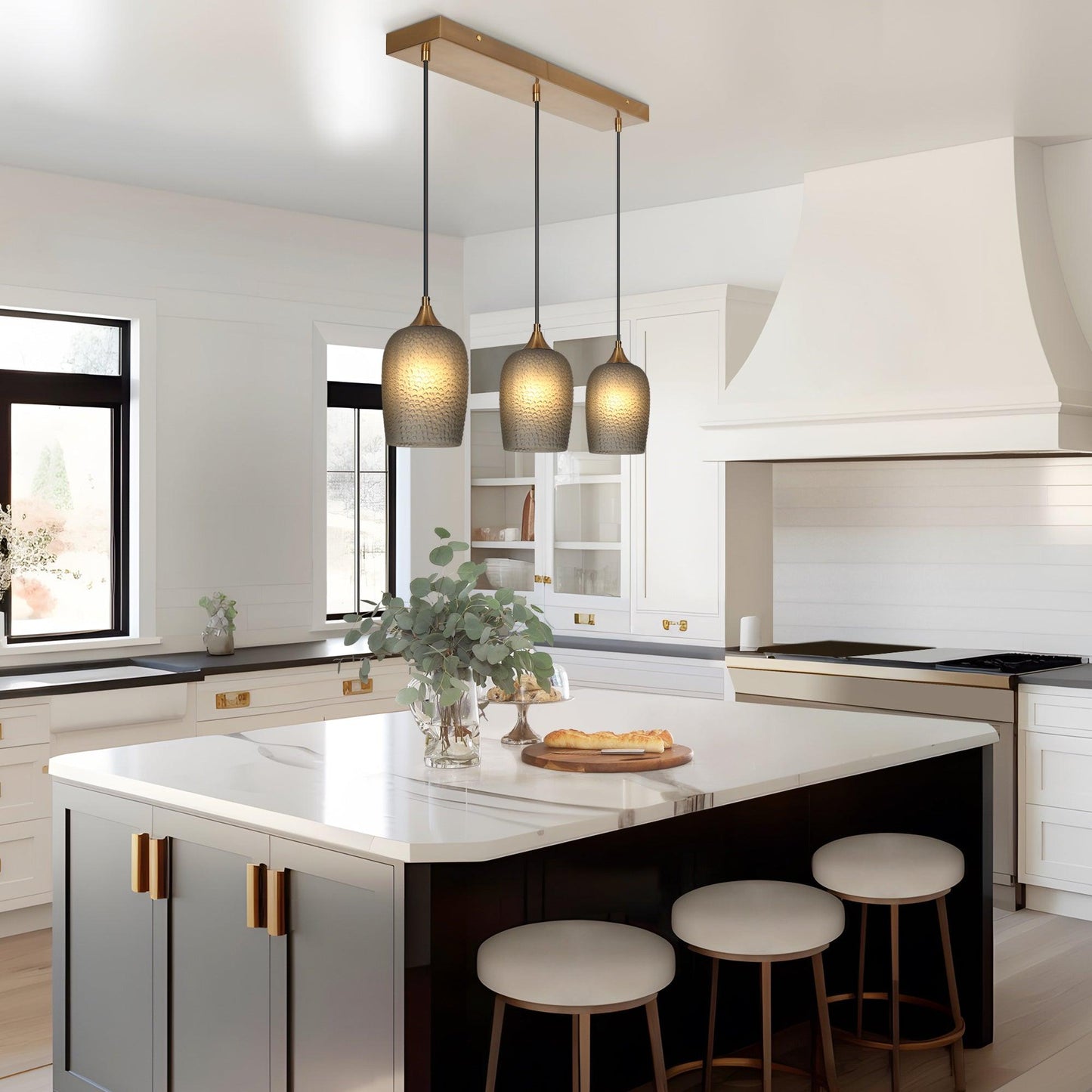 3-Light Gold Smoky-Gray Glass Kitchen Island Chandeliers - Belles Lighting