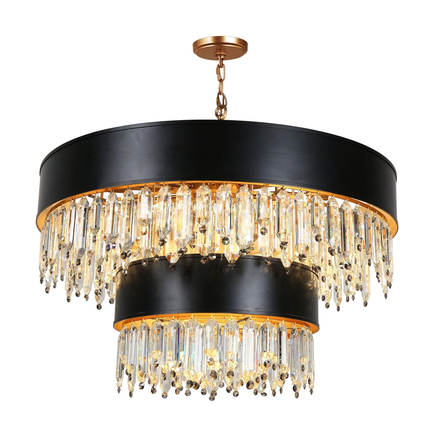 15-Light Black Gold 2-Tier Drum Chandelier Lights - Belles Lighting