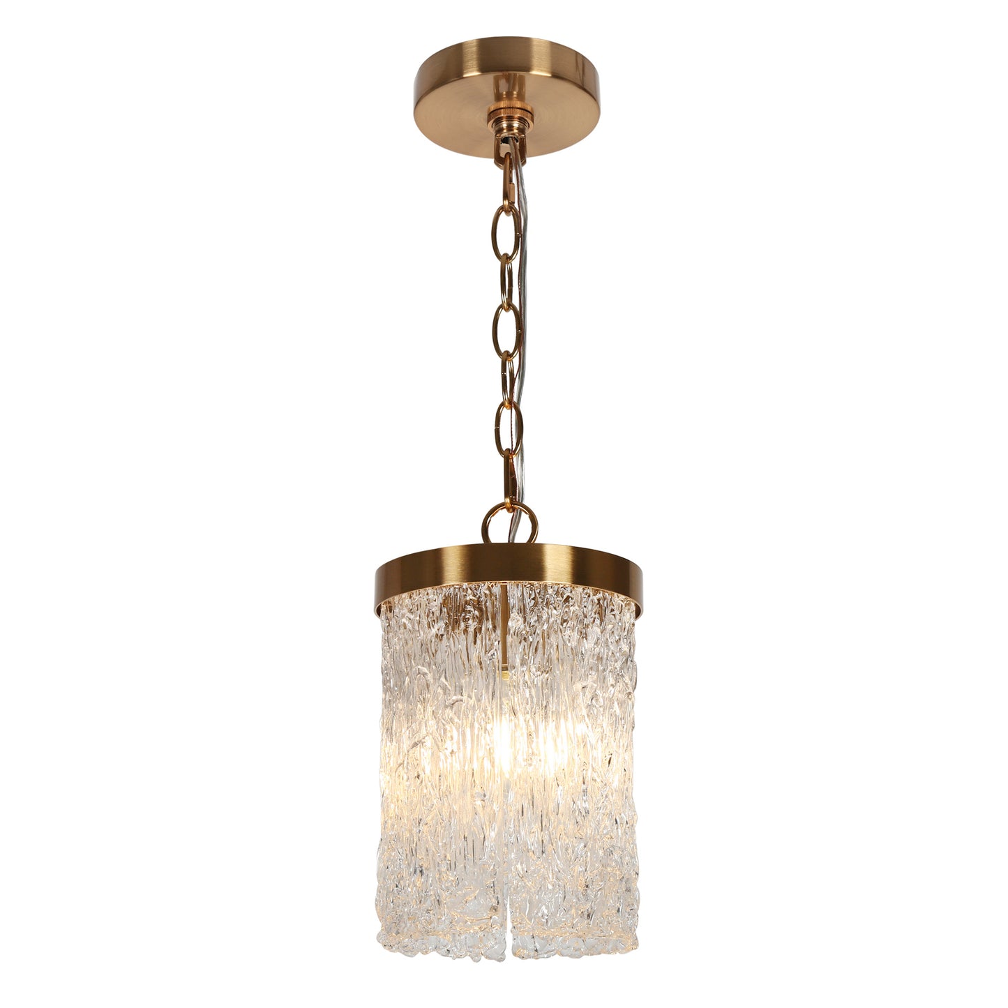 Modern 1-Light Brass Pendant Light with Cracked Glass Shade