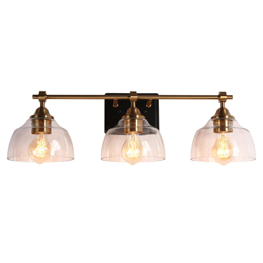 Modern 3-Light Black and Gold Vanity Light with Done-shaped Clear Glass Shade