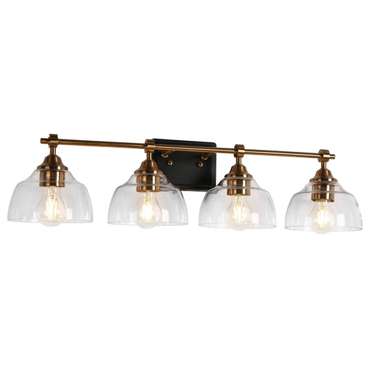 Modern 4-Light Black and Gold Vanity Light with Done-shaped Clear Glass Shade