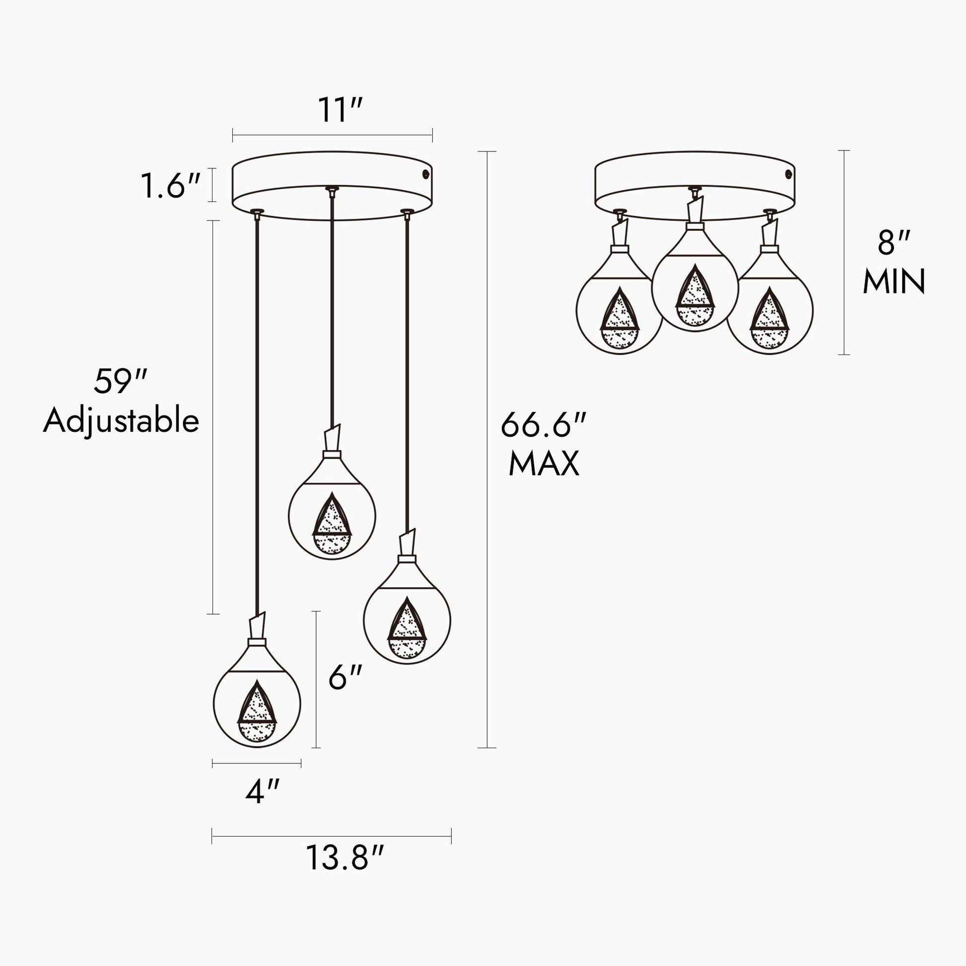 3-Light Crystal Cluster LED Chandelier Pendant Lights - Belles Lighting