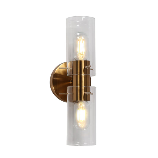 Modern 2-Light Brass Wall Sconce with Clear Glass Cylinder Shades