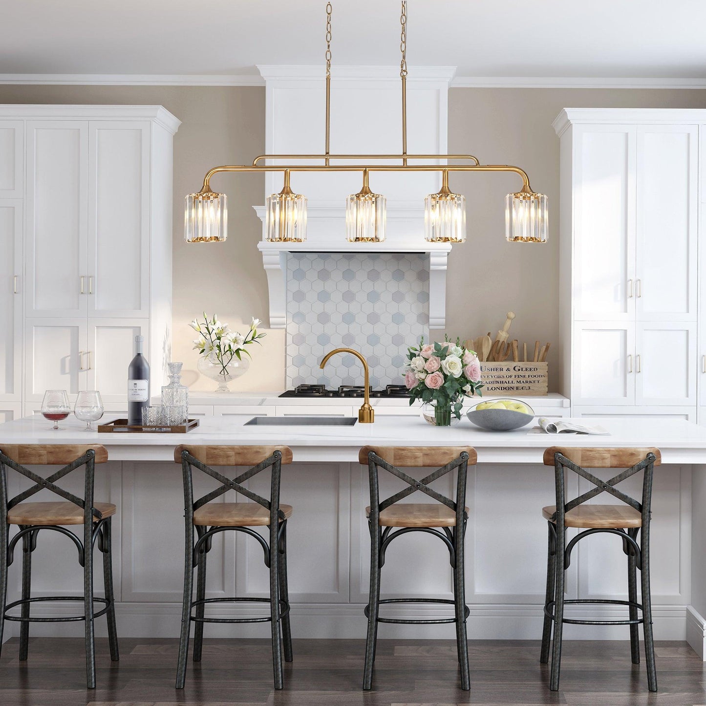 5-Light Gold Crystal Linear Kitchen Island Chandeliers - Belles Lighting