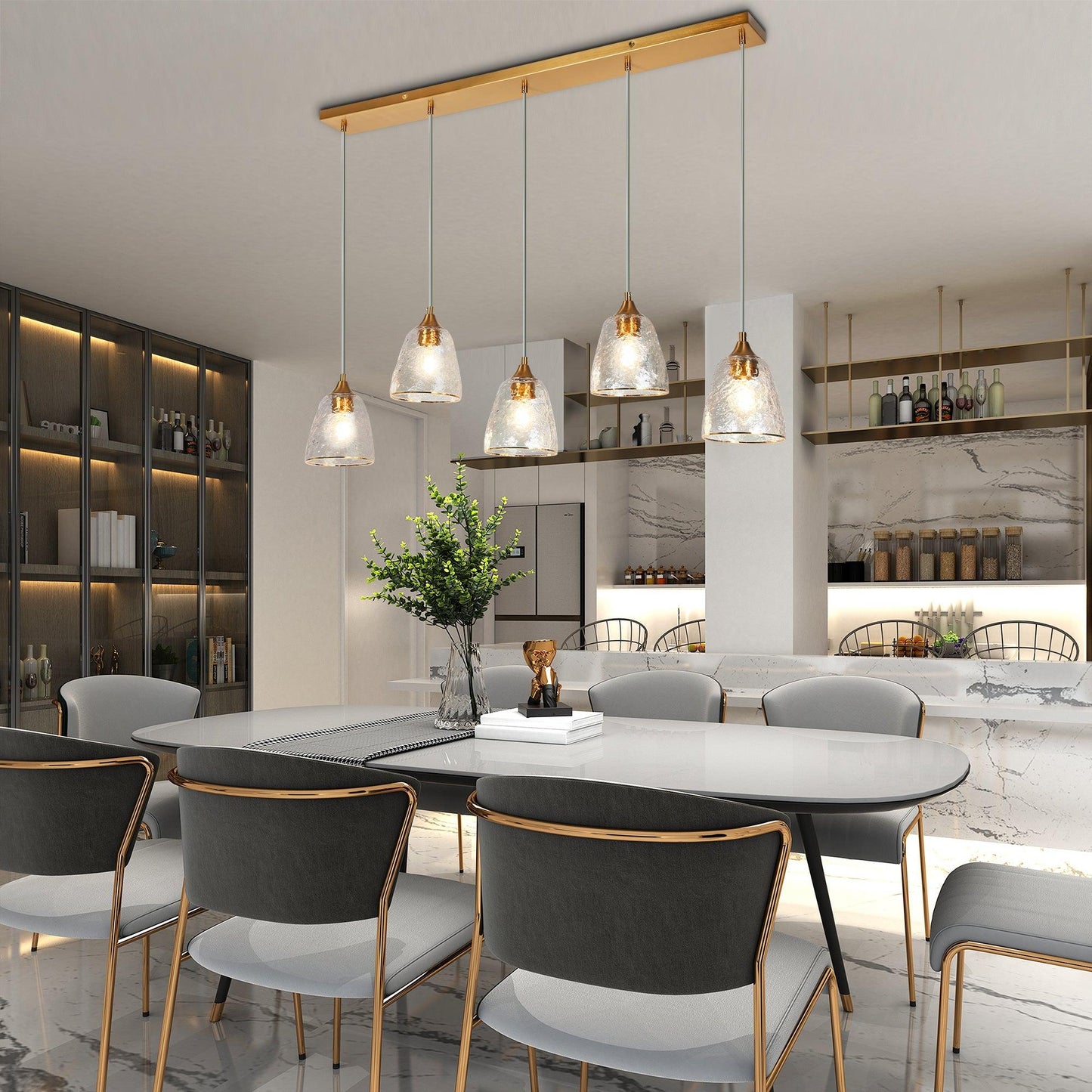 5-Light Gold Glass Linear Kitchen Island Chandeliers - Belles Lighting