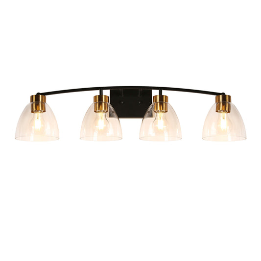 Modern 4-Light Black and Gold Vanity Light with Cone-shaped Clear Glass Shade