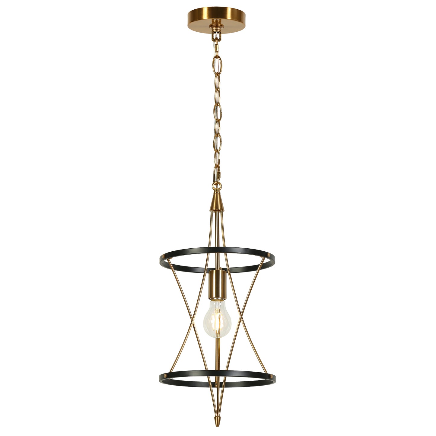 Modern 1-Light Pendant Light with Brass Accents and Black Metal Rings