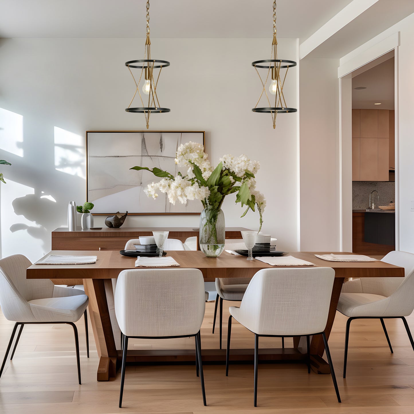 Modern 1-Light Pendant Light with Brass Accents and Black Metal Rings