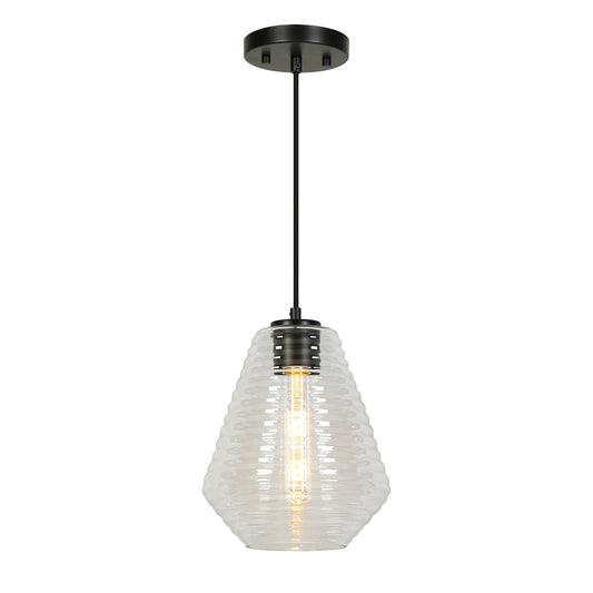 1-Light Mini Ribbed Glass Black Pendant