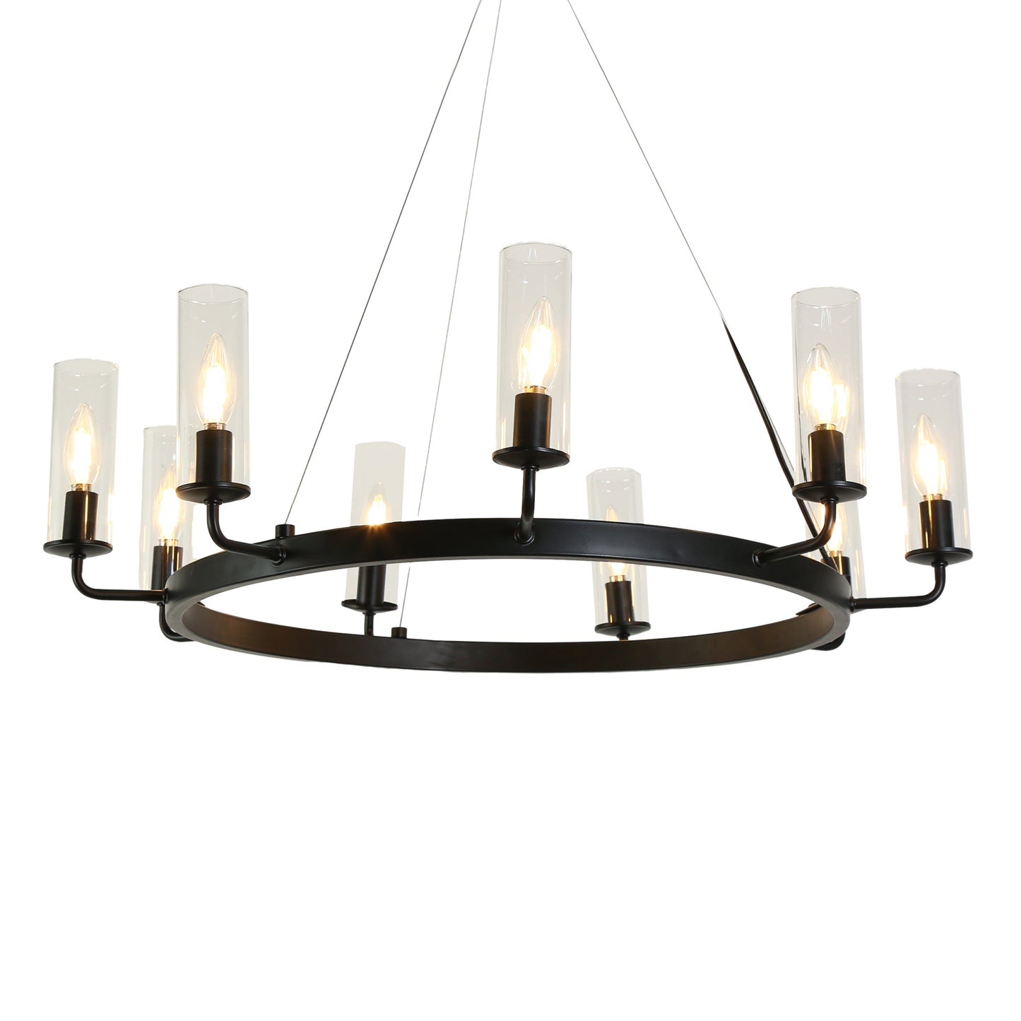 Modern 9-Light Black Wagon Wheel Chandelier with Clear Glass Shades