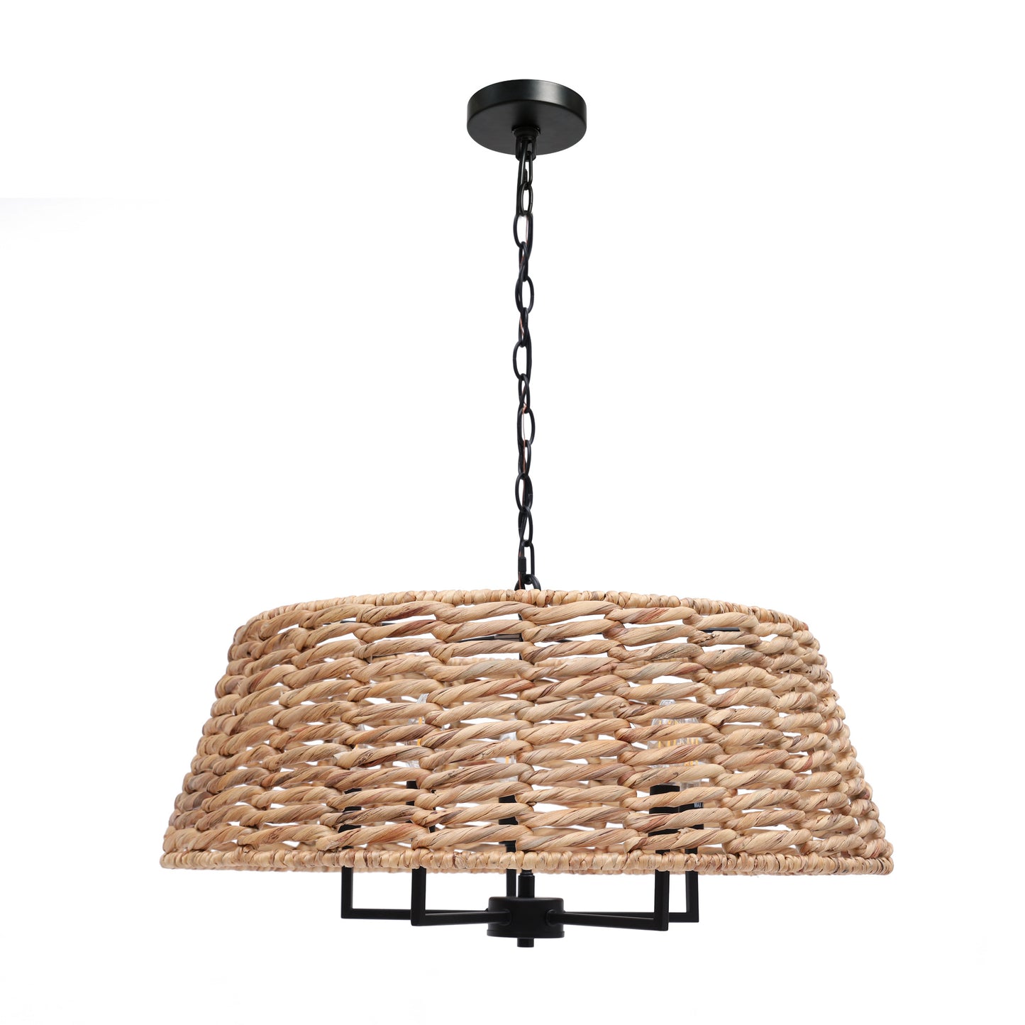 Boho 5-Light Brown Woven Rattan Drum Chandelier with Black Metal Frame