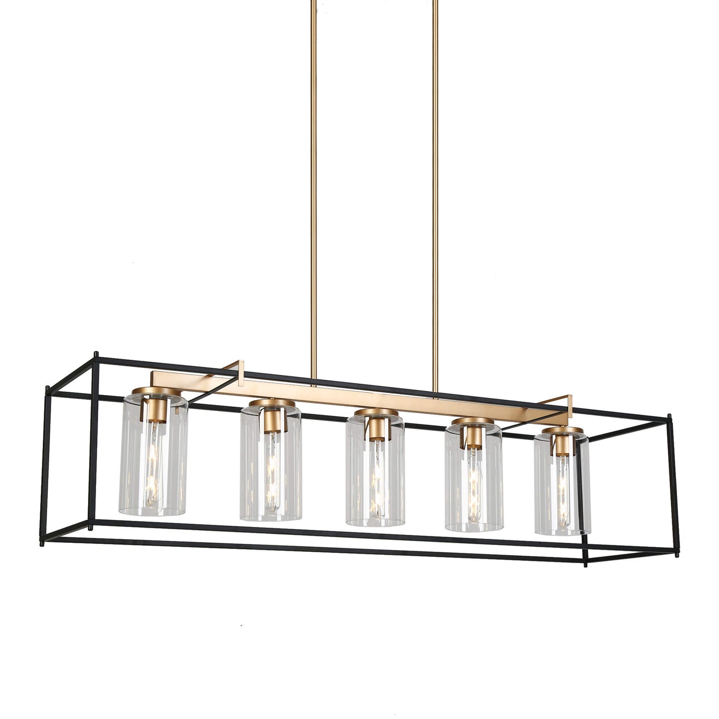 Modern Black and Gold 5-Light Island Linear Chandelier with Cylinder Clear Glass Shade