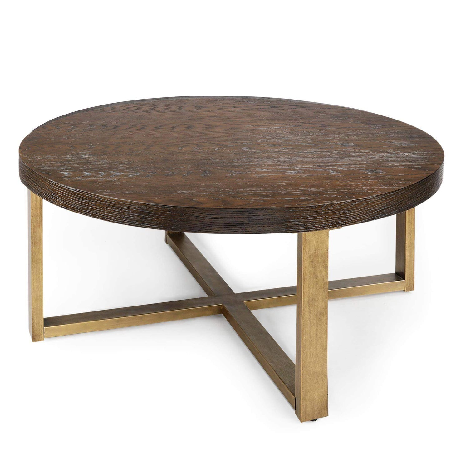 Modern Round Wood Coffee Table with Brass Metal Base