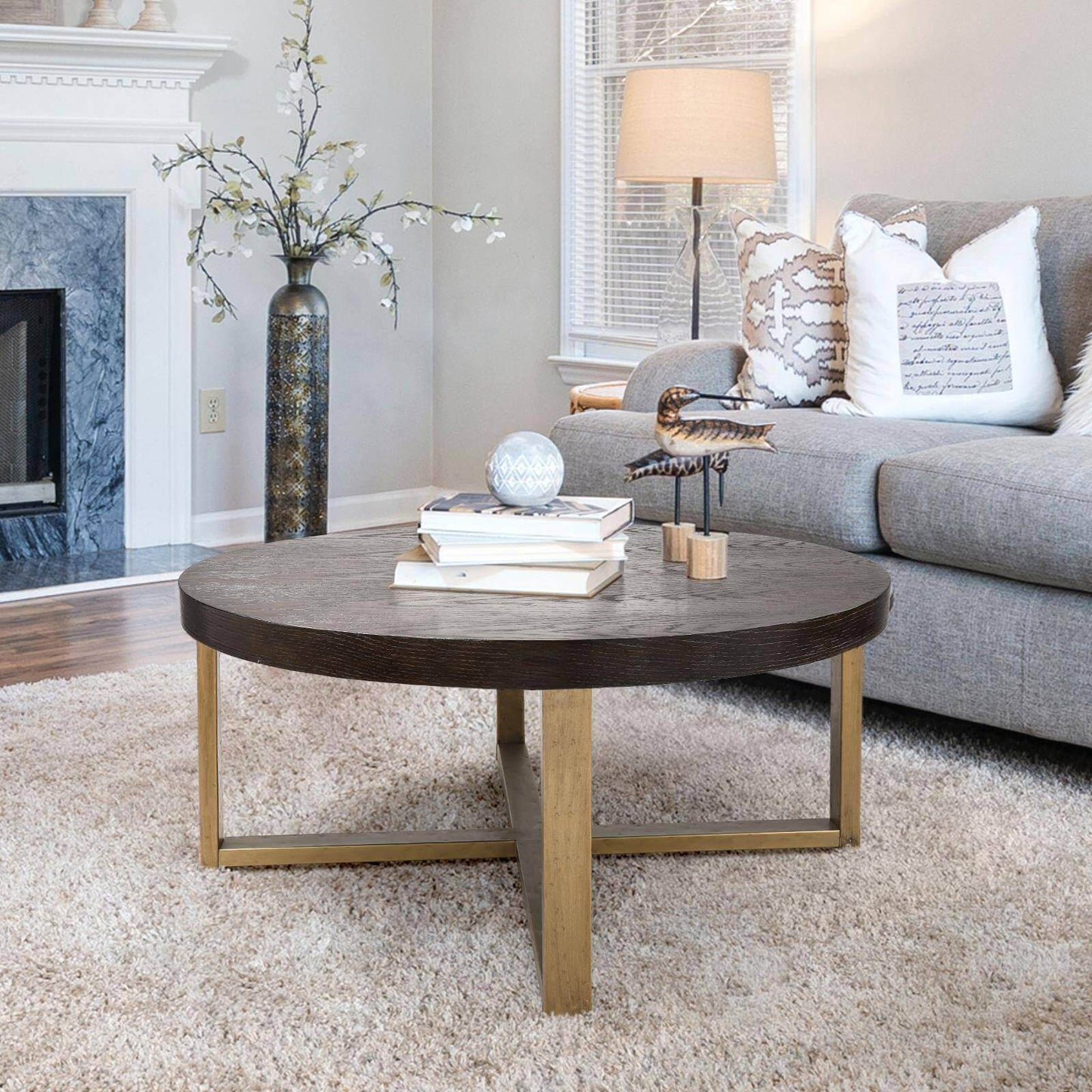 Modern Round Wood Coffee Table with Brass Metal Base