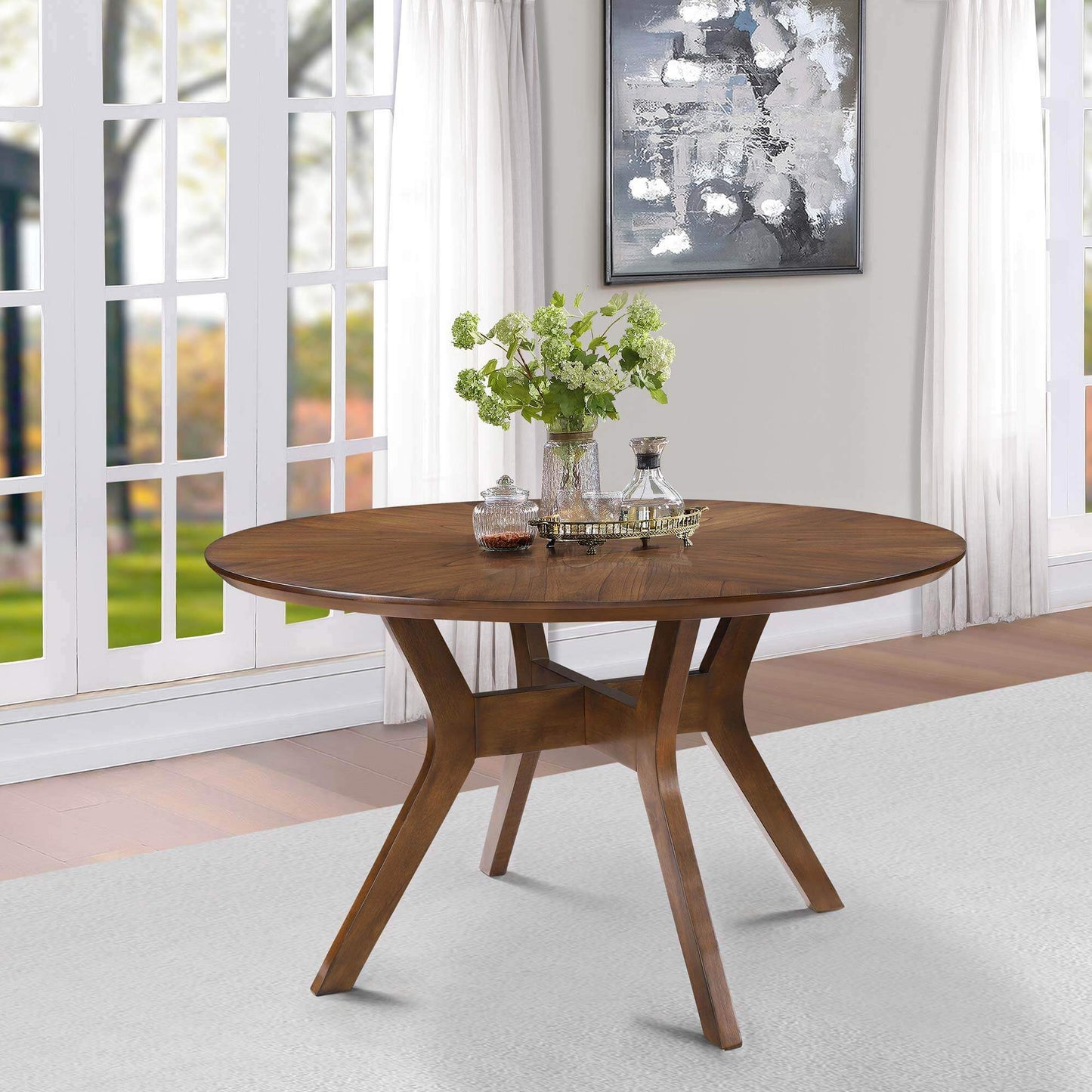 Mid-Century Round Wooden Dining Table with Walnut Finish