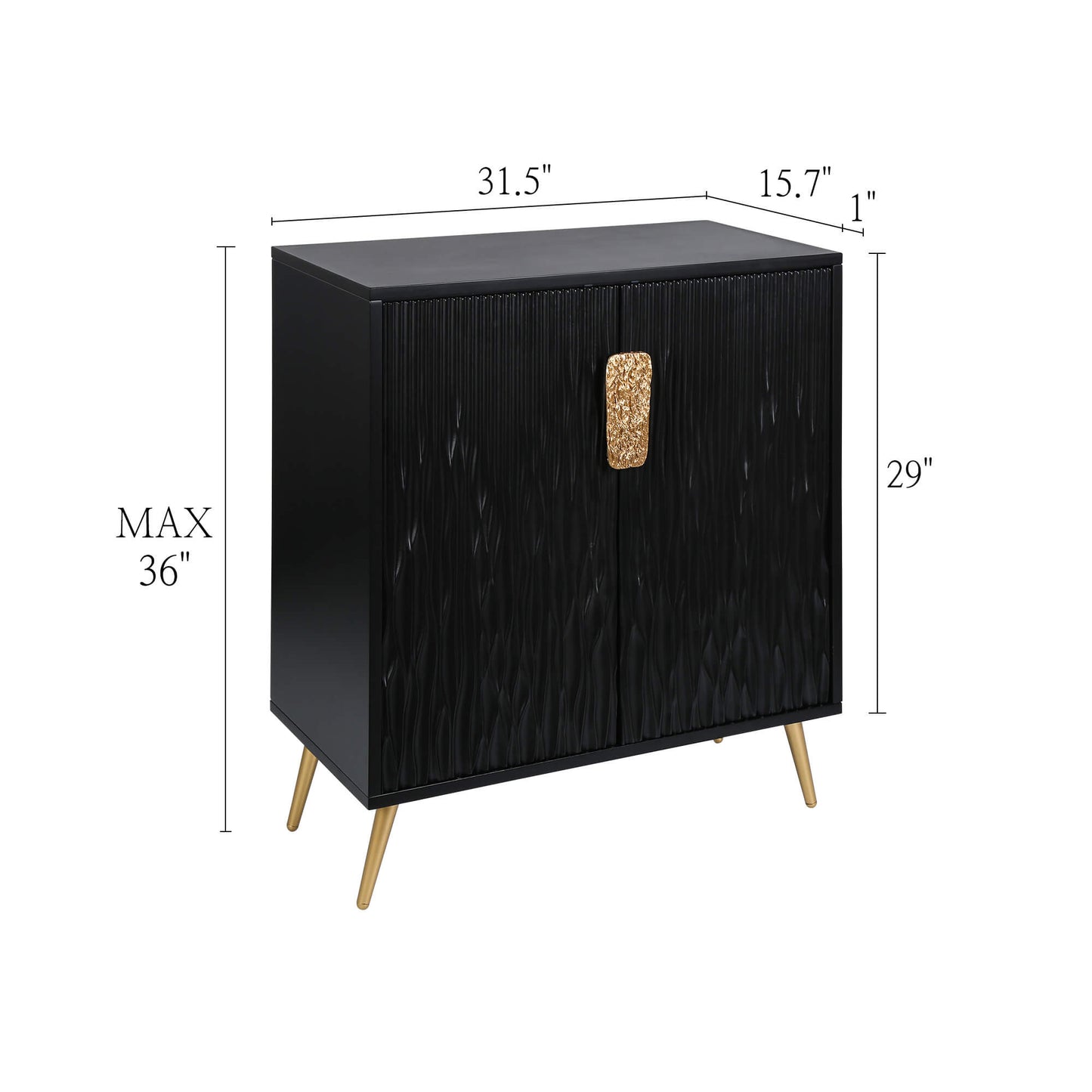 Modern Black Textured Cabinet with Gold Accents and Sleek Metal Legs