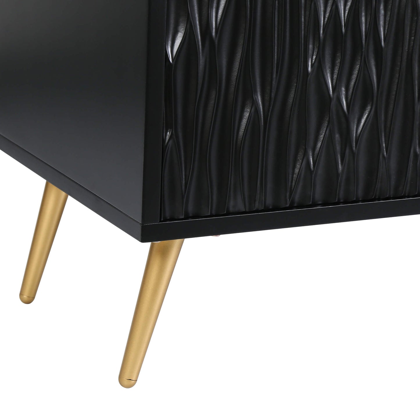 Modern Black Textured Cabinet with Gold Accents and Sleek Metal Legs