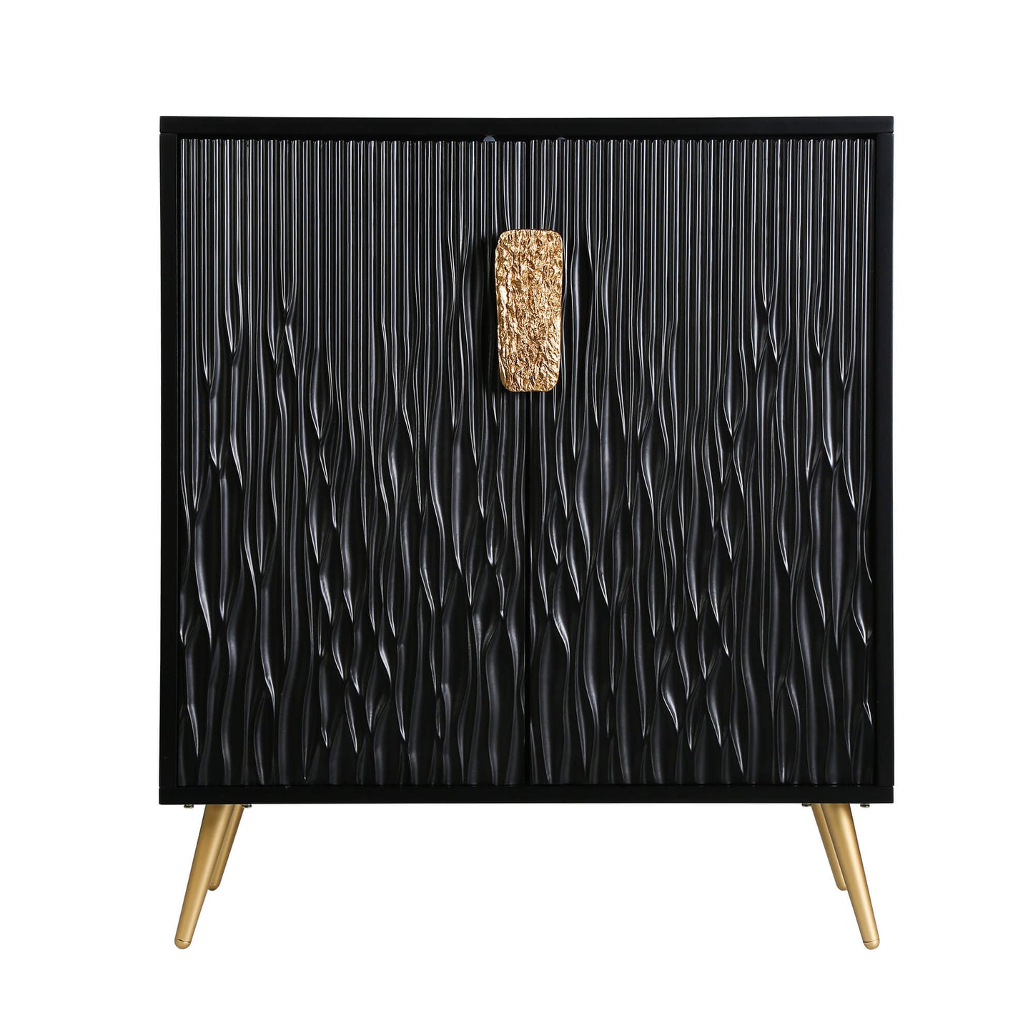 Modern Black Textured Cabinet with Gold Accents and Sleek Metal Legs