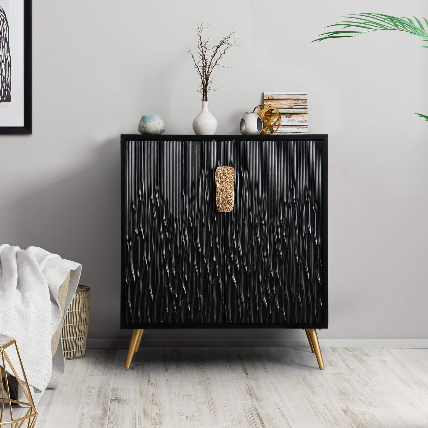 Modern Black Textured Cabinet with Gold Accents and Sleek Metal Legs