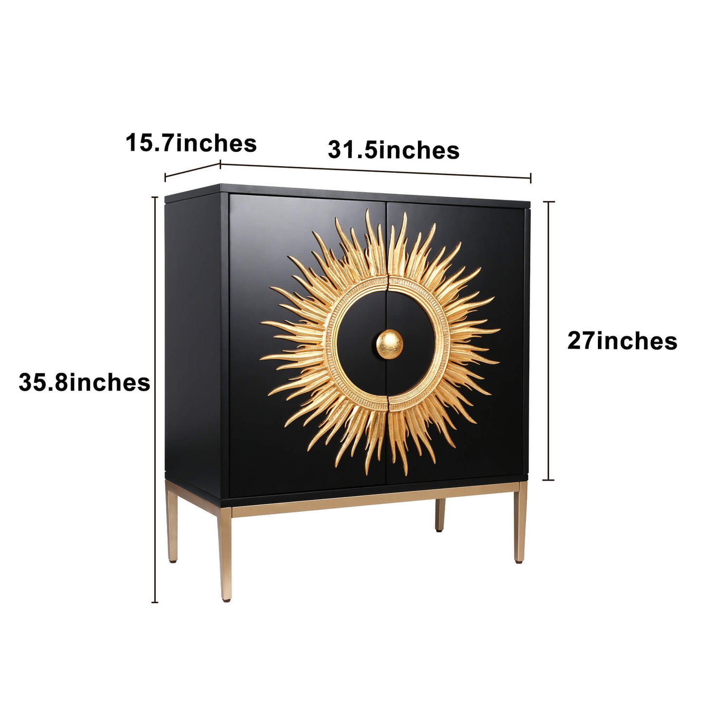 Modern Black Cabinet with Gold Sunburst Design and Metal Legs