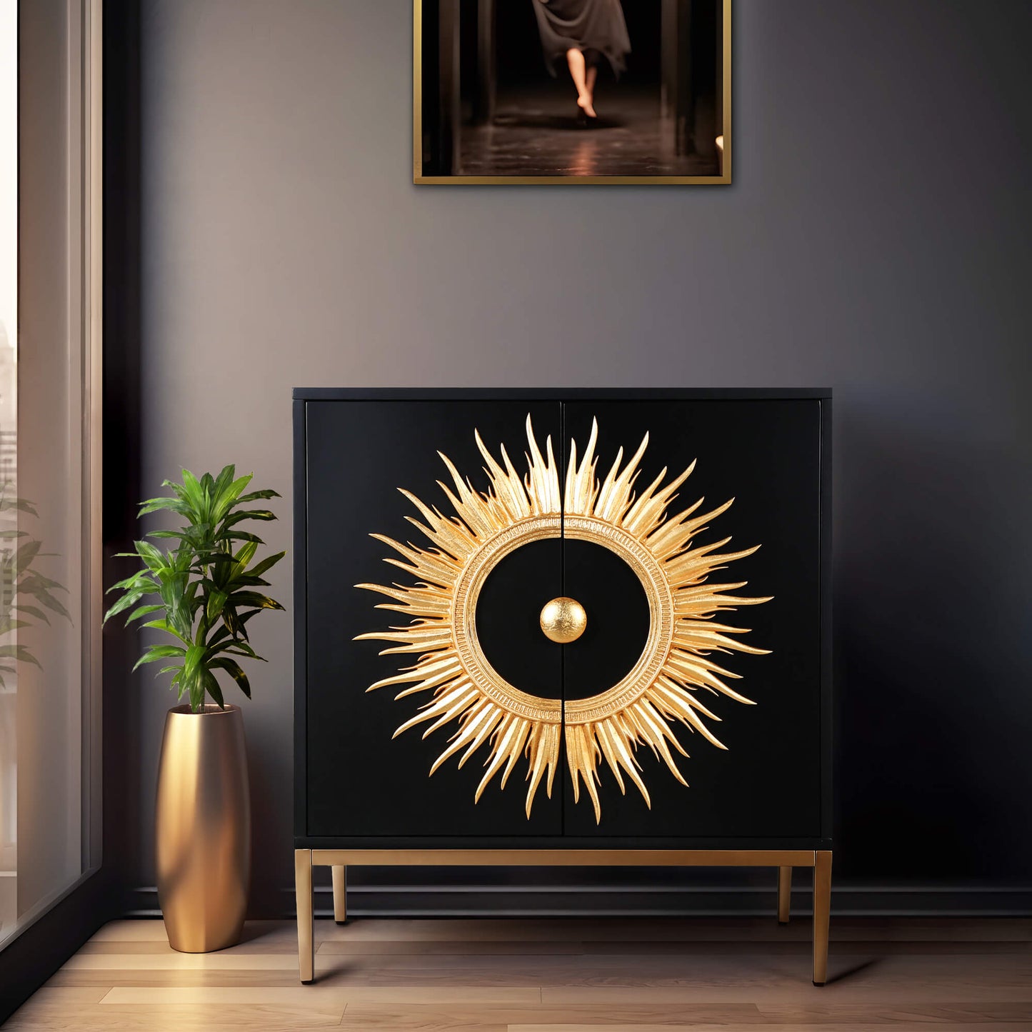 Modern Black Cabinet with Gold Sunburst Design and Metal Legs