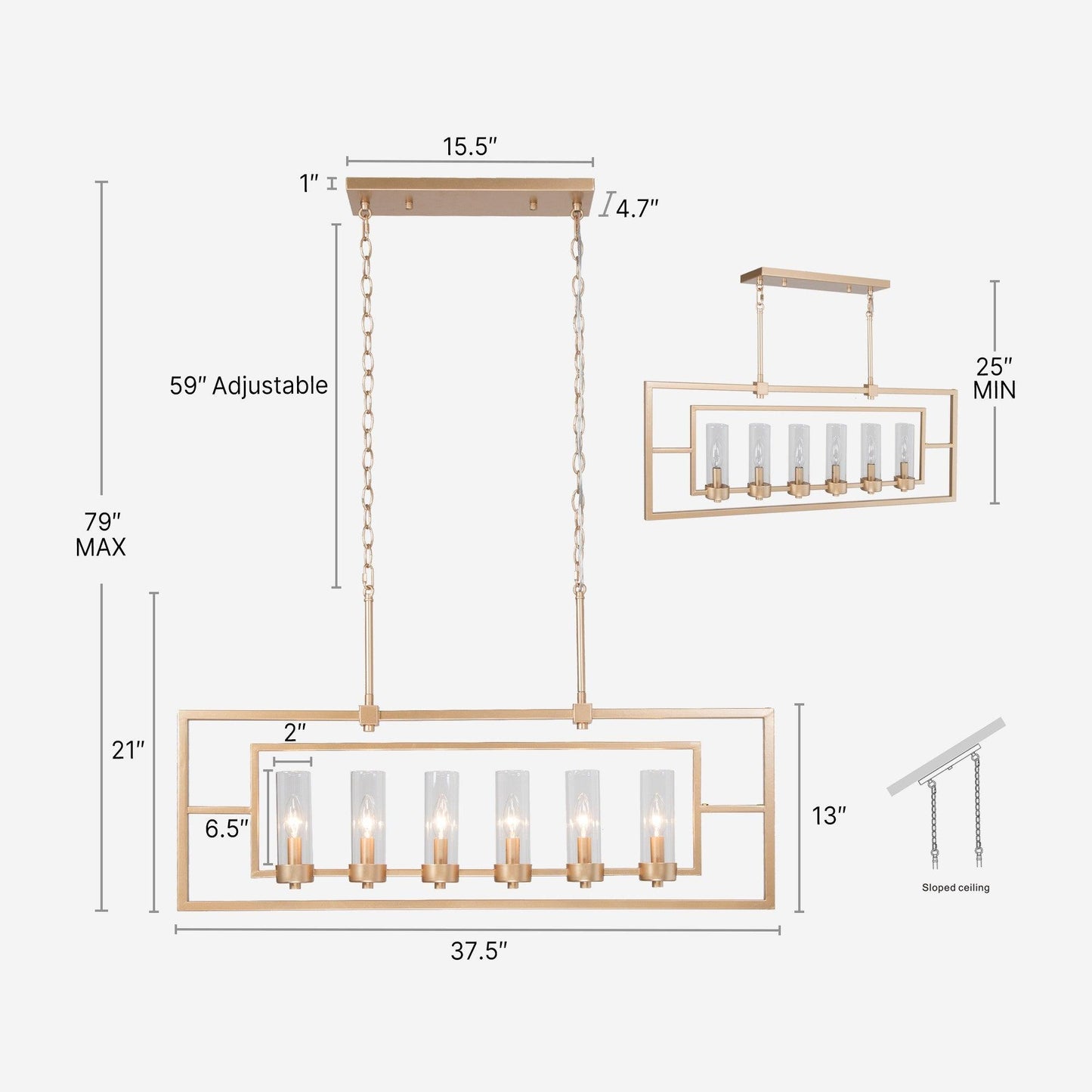 6-Light Gold Linear Glass Kitchen Island Chandelier - Belles Lighting