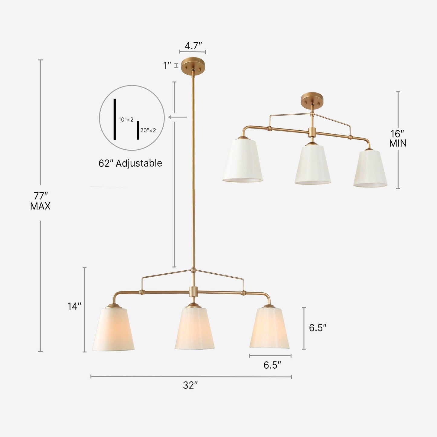 3-Light Gold Linear White Fabric Island Lights Chandeliers - Belles Lighting