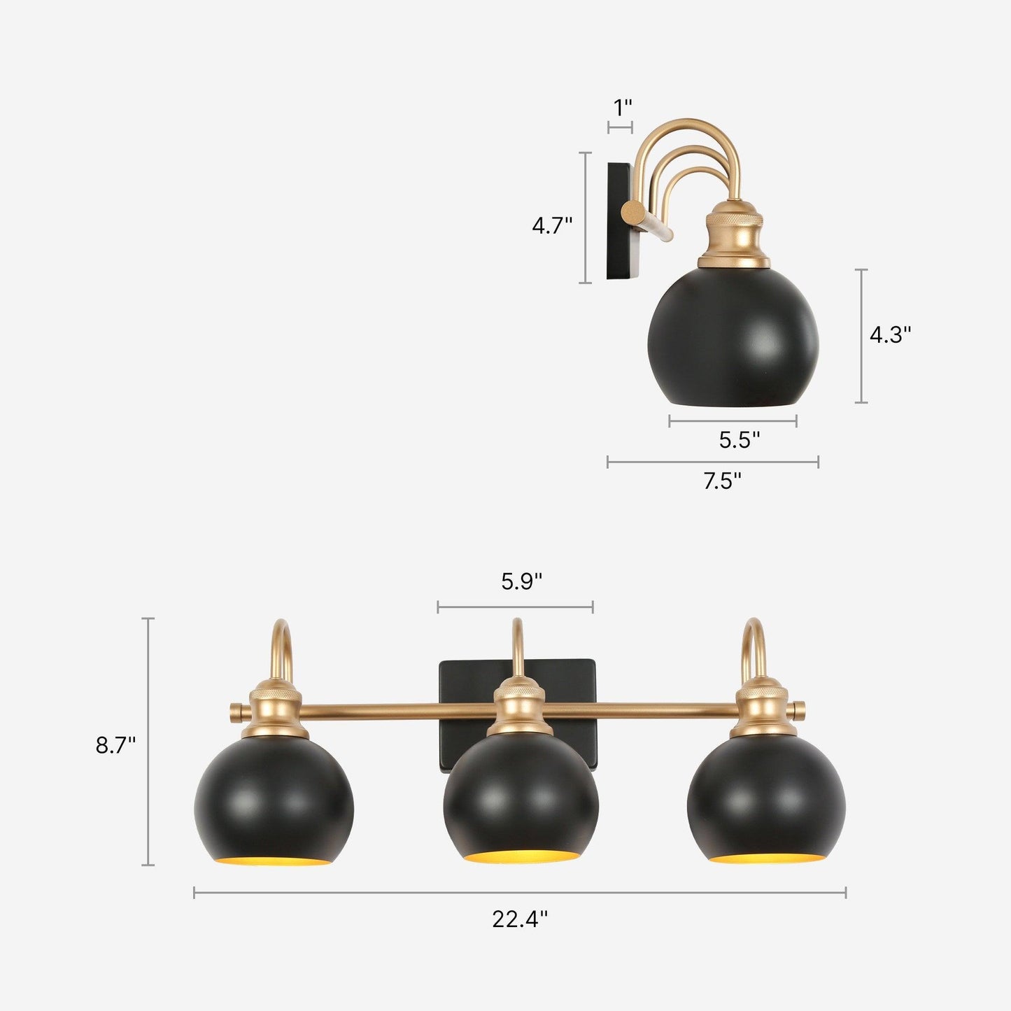 3-Light 22.4" Black Gold Bath Vanity Lights