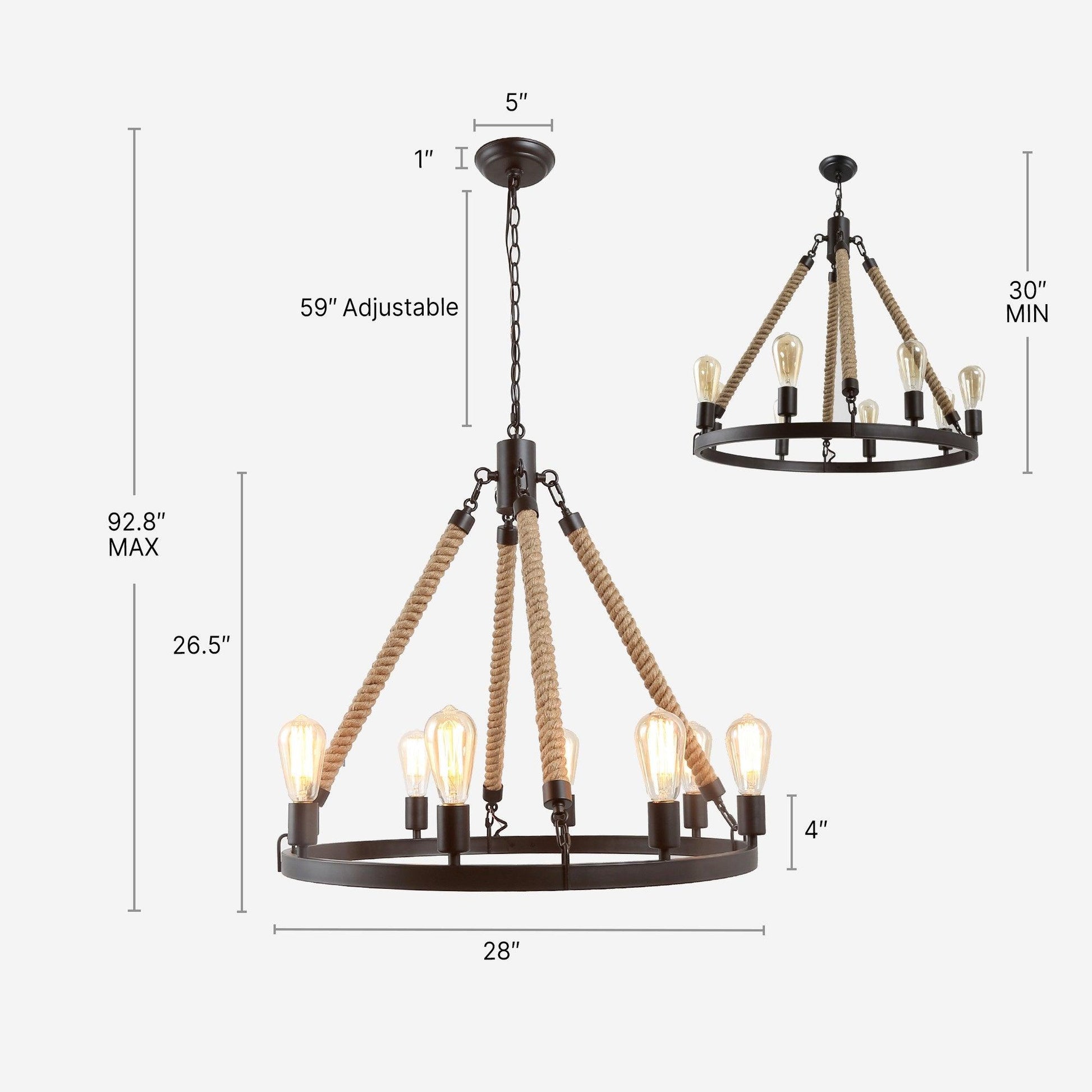 8-Light Farmhouse Rope Wagon Wheel Chandelier - Belles Lighting