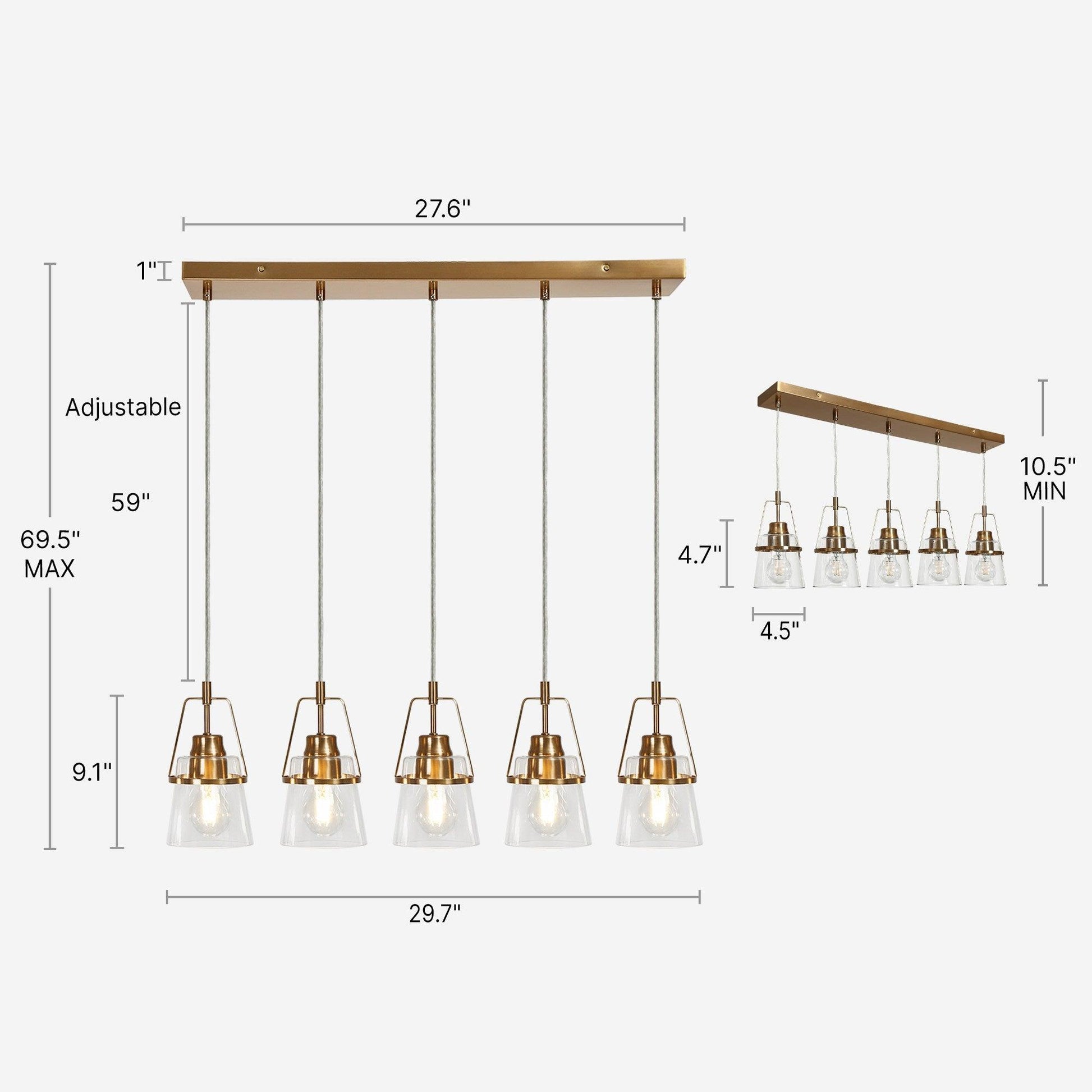 5-Light Gold Linear Glass Chandeliers Island Lights - Belles Lighting