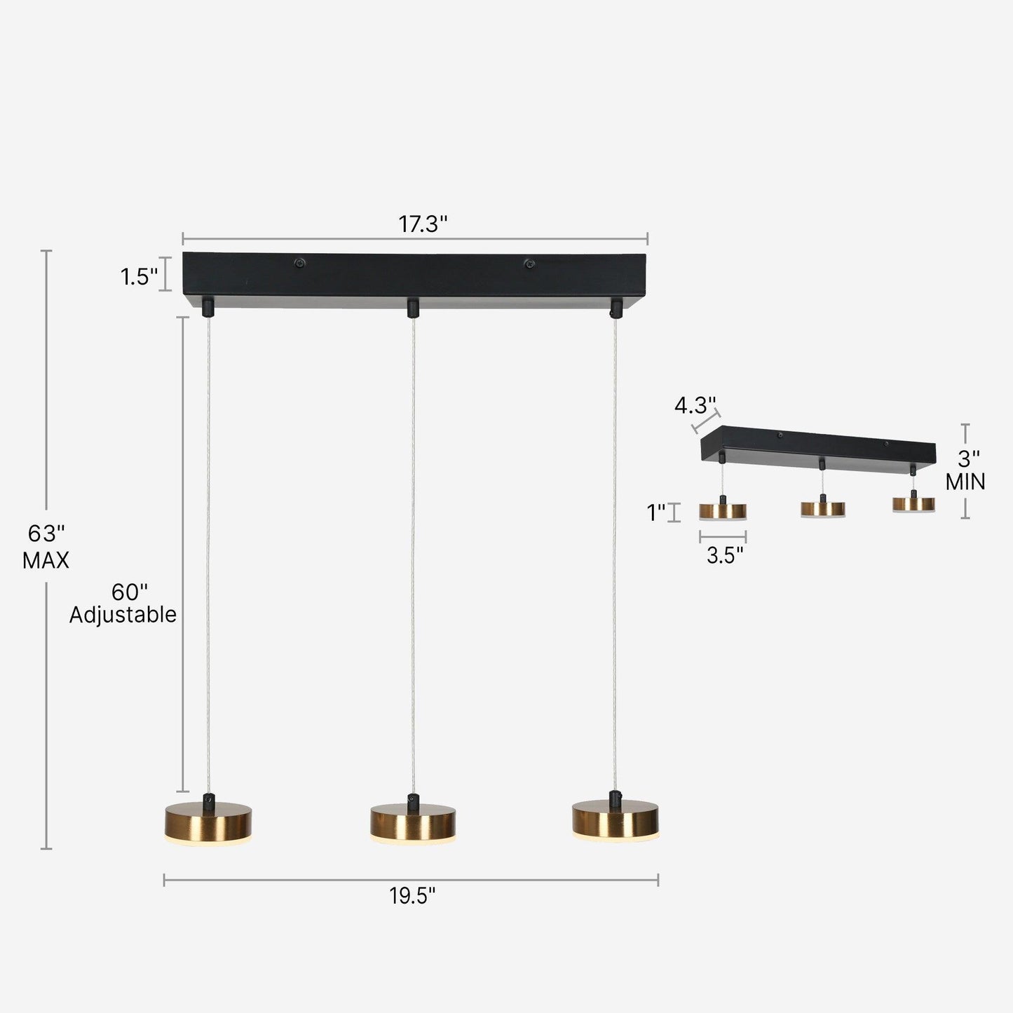 3-Light LED Black Gold Linear Island Chandelier - Belles Lighting