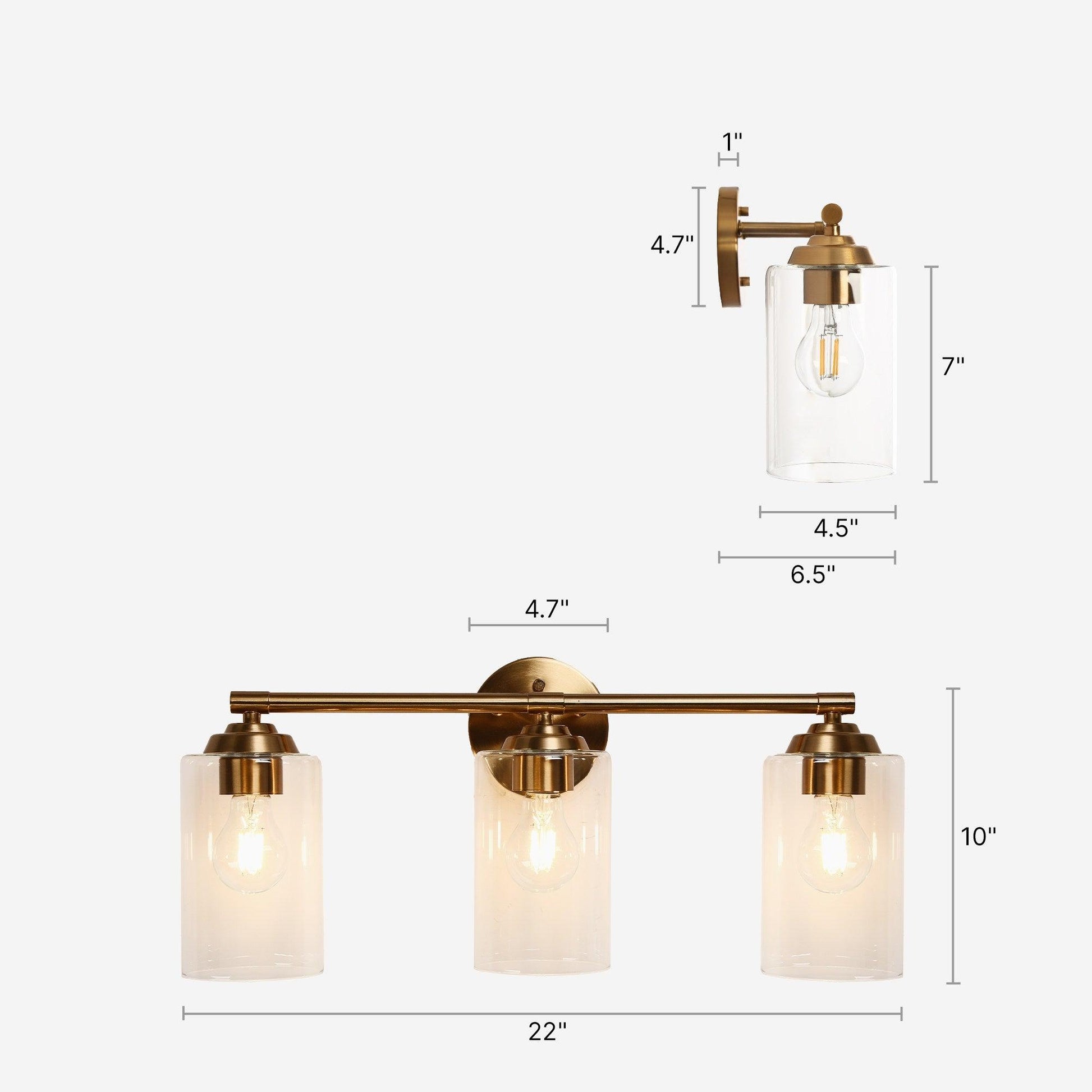 3-Light Modern Gold Clear Glas Vanity Light - Belles Lighting