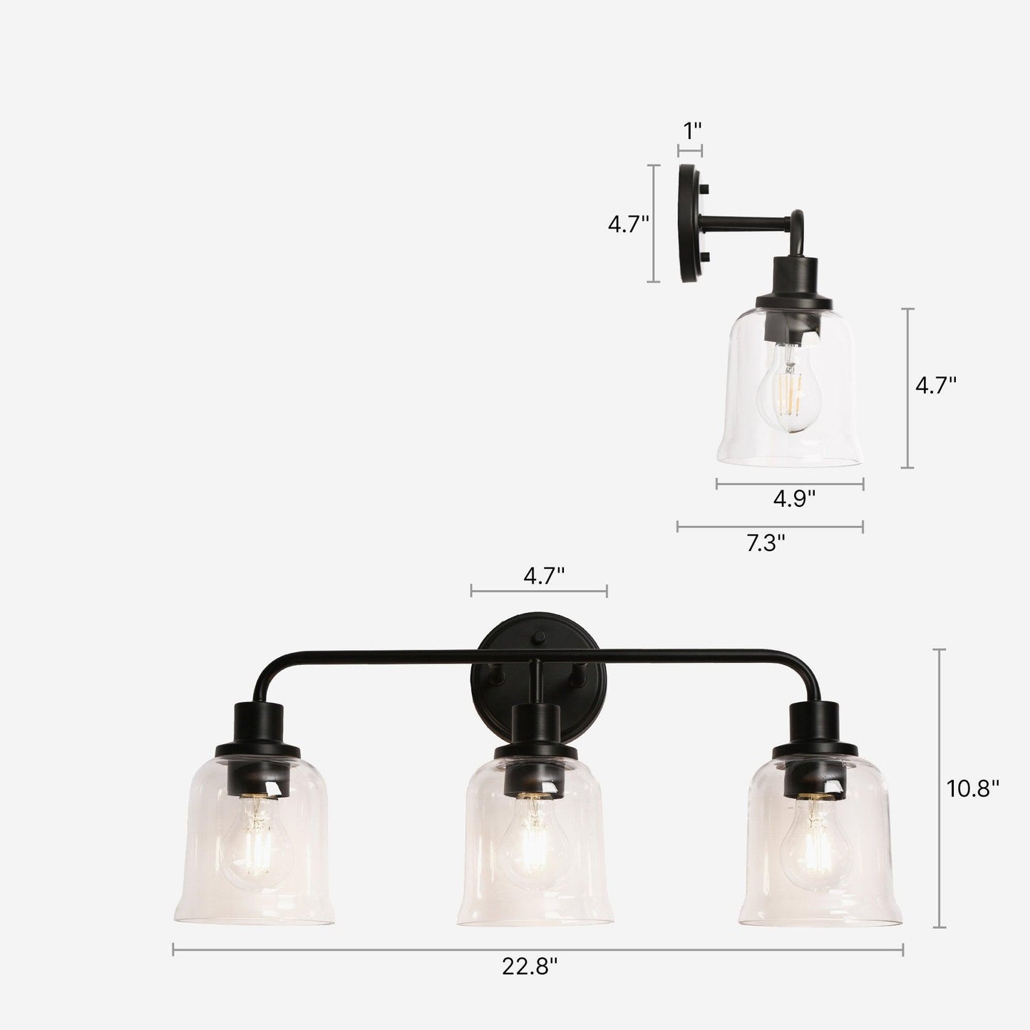 3-Light Modern Black Clear Glass Vanity Light - Belles Lighting