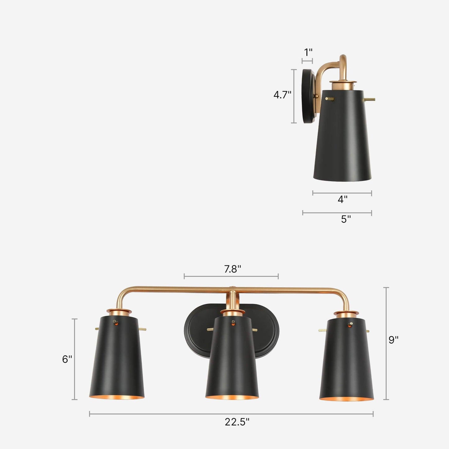 22.5" Black Gold 3-Light Bath Vanity Lights