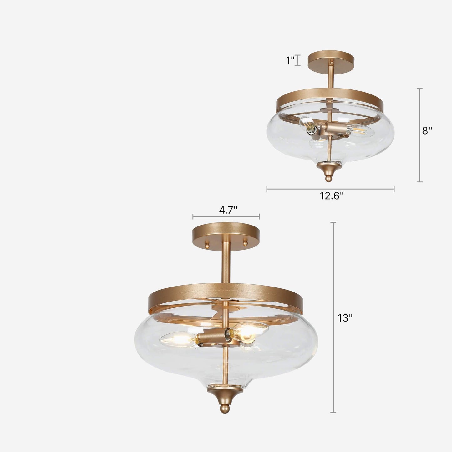 3-Light Gold Glass Semi Flush Mount Ceiling Light - Belles Lighting