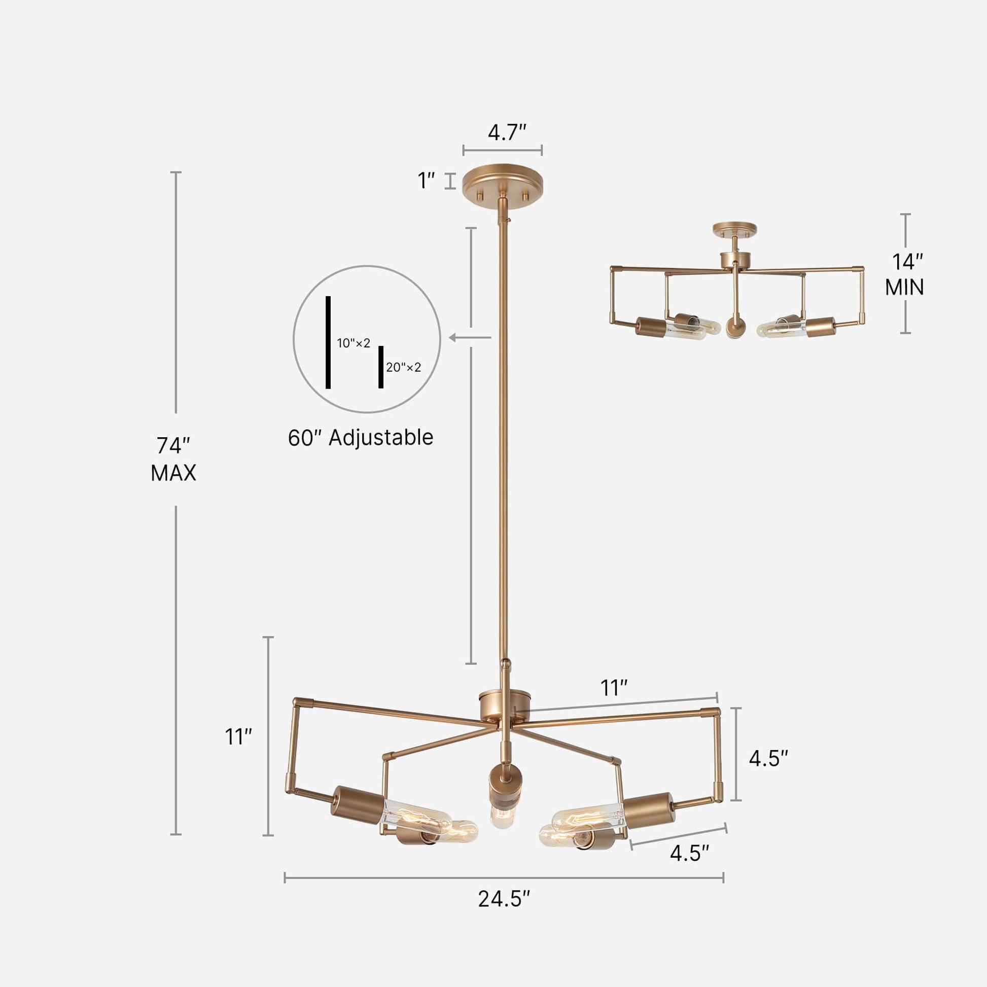 5-Light Modern Adjustable Sputnik Chandeliers Gold - Belles Lighting