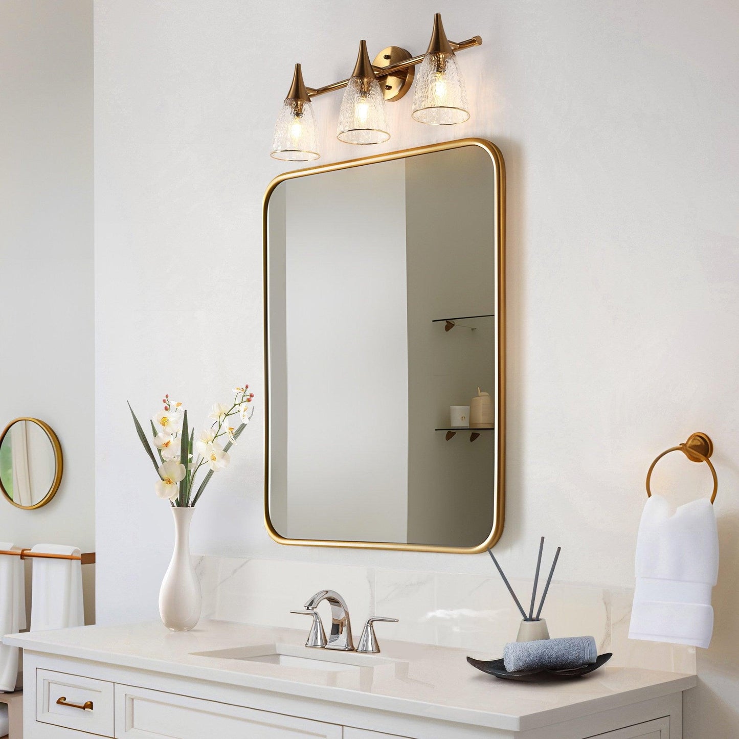 3-Light Modern Gold Textured Glass Vanity Light - Belles Lighting