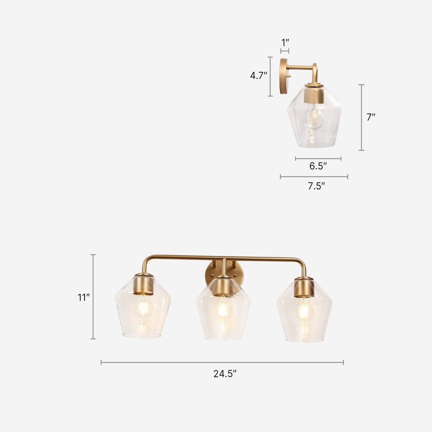 3-Light Gold Bath Vanity Light Clear Glass Wall Lamps - Belles Lighting