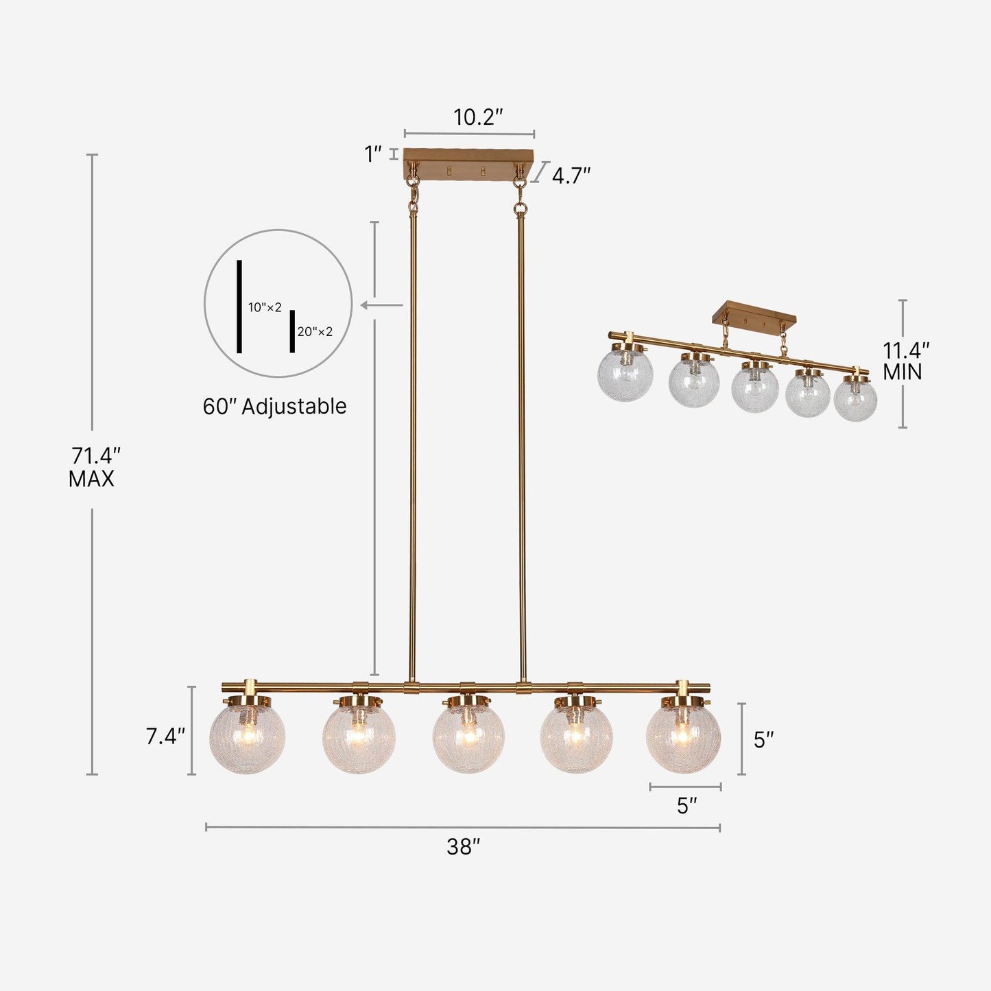 5-Light Gold Linear Kitchen Island Chandelier with Textured Glass - Belles Lighting