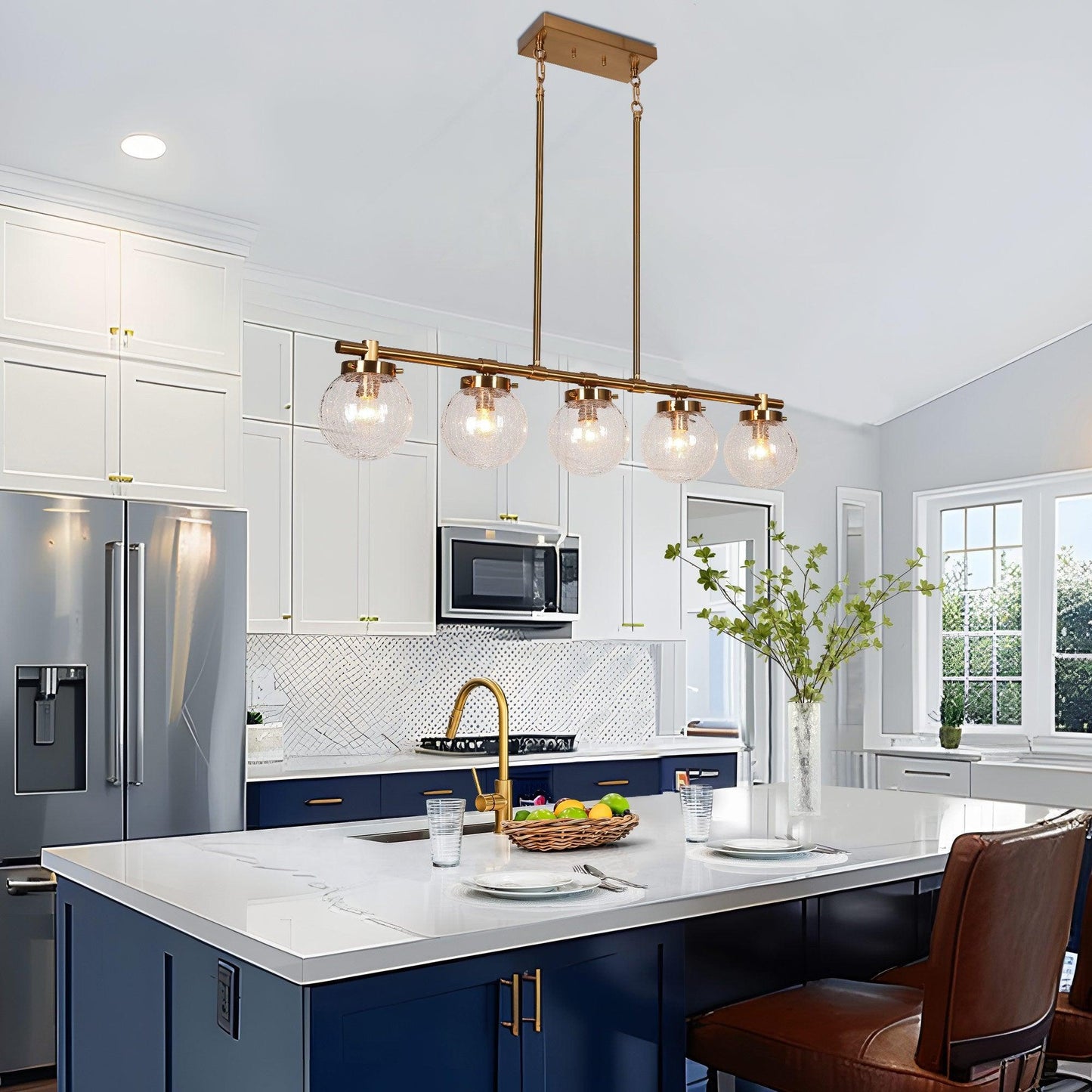 5-Light Gold Linear Kitchen Island Chandelier with Textured Glass - Belles Lighting