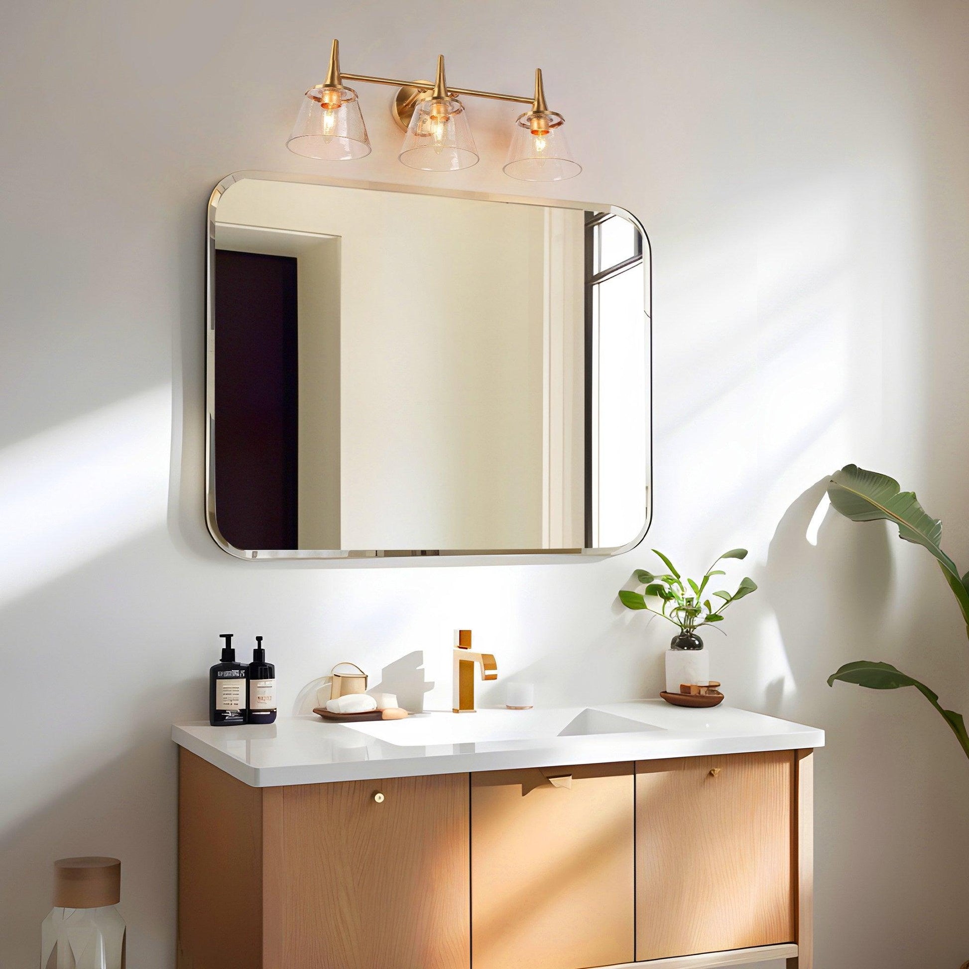 3-Light Modern Gold Seeded Glass Vanity Light - Belles Lighting